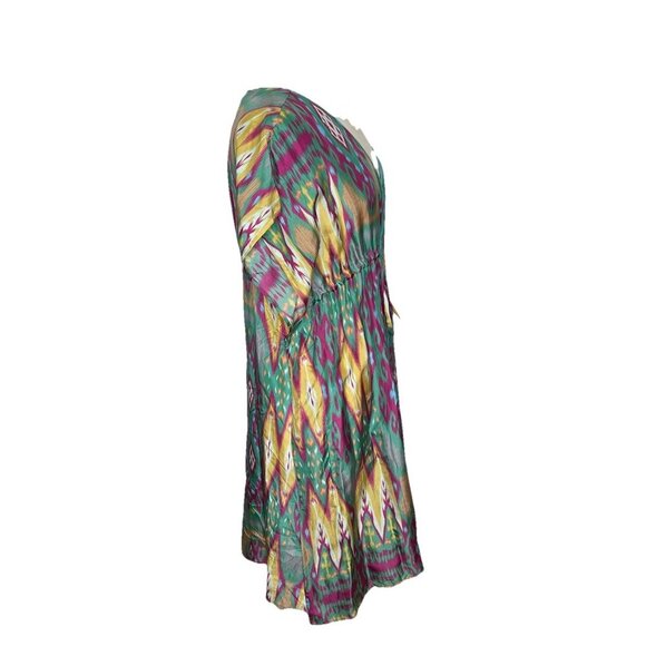 Figue Dress L Womens Multicolor Ikat Silk V Neck Short Sleeve Kaftan Tie Beach - Picture 2 of 12